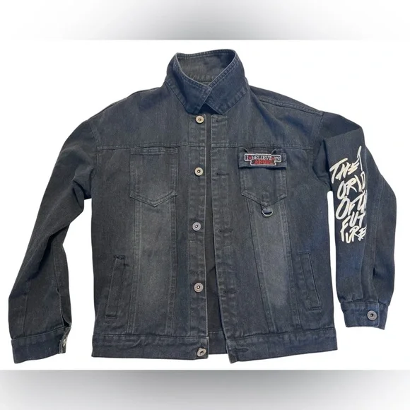 Graphic Black Denim Jacket Punk Streetwear moto Jean Jacket Angel Patch - Picture 6 of 16